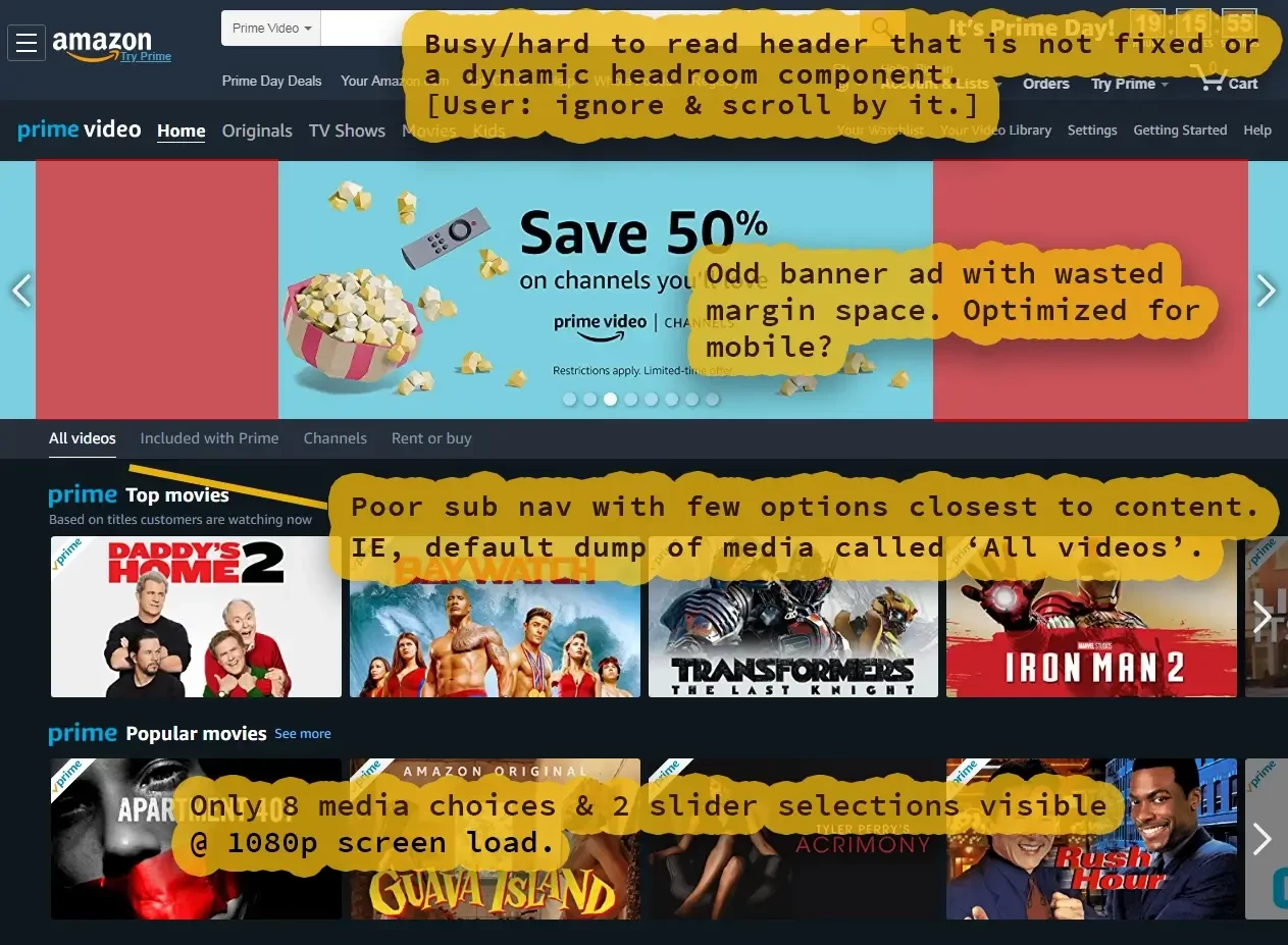 Amazon Prime Video index page issues includes an overly complex header that is not fixed or a dynamic headroom component.