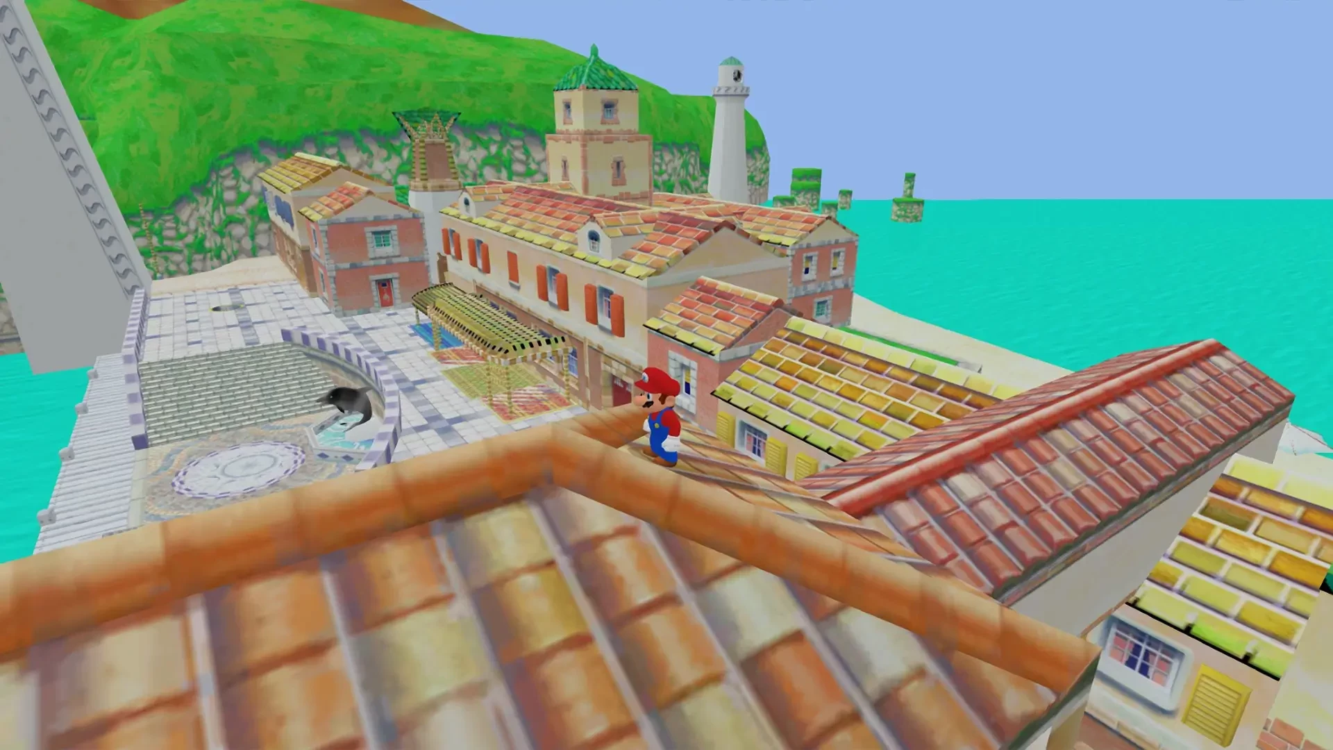 Game screenshot: 3D platforming on rooftops. Hills & terrain with a sewer & docks.