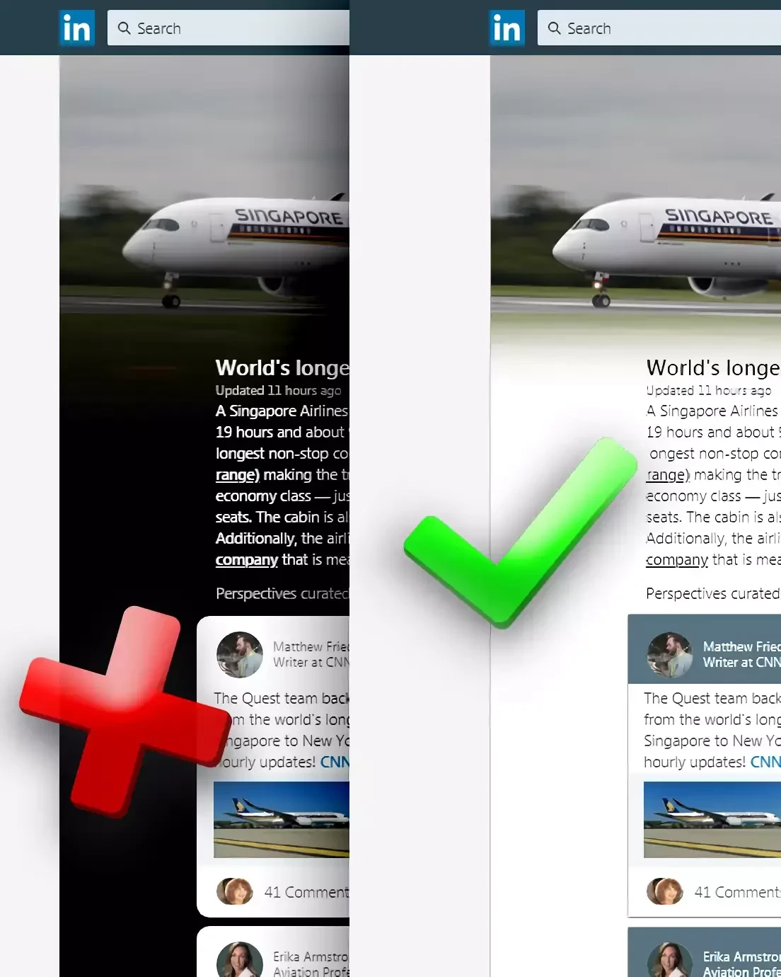 Before and after of LinkedIn News (black to white background with new colors).