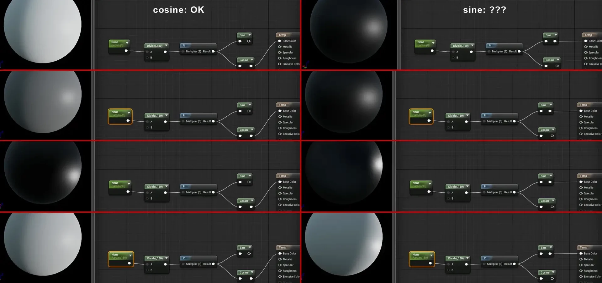 UE4 Blueprints screencap vs UE4 Mat Animation screencap showing different results.